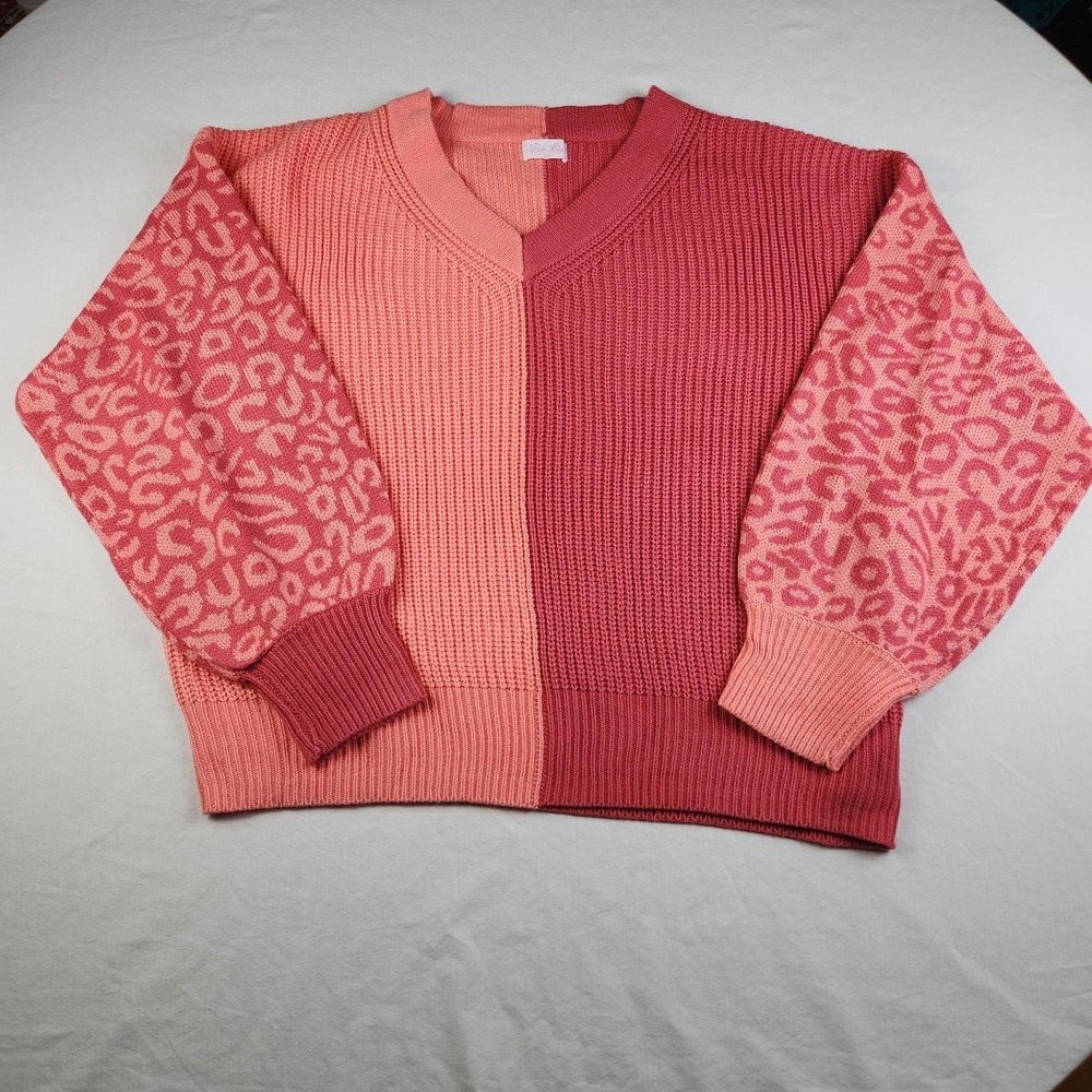 Pink Lily Women Pink Red Color Block V-Neck Leopard Sleeve Knit Sweater Small